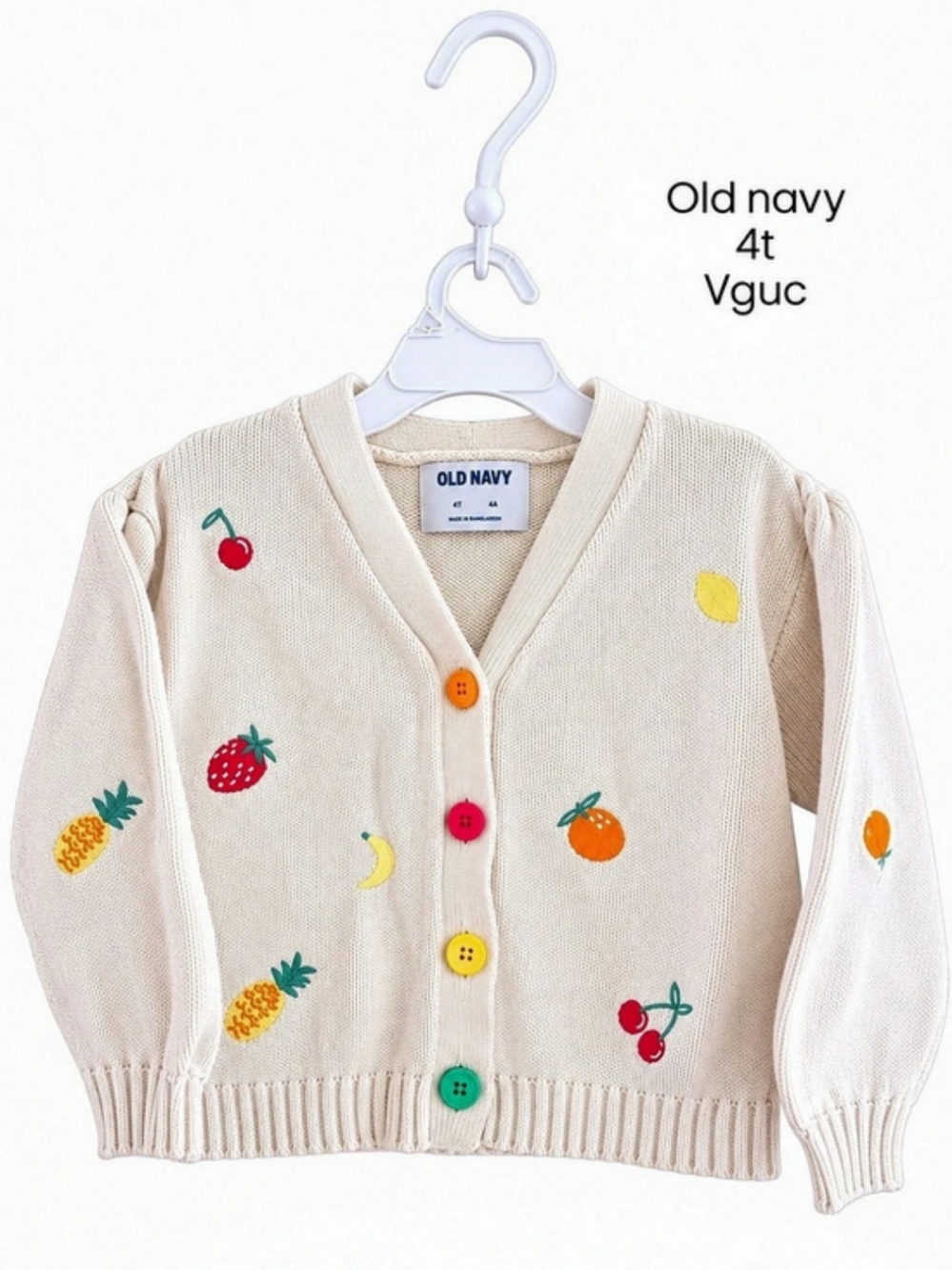 Old Navy 4T Fruit-Embroidered Cream Knit Cardigan for Girls